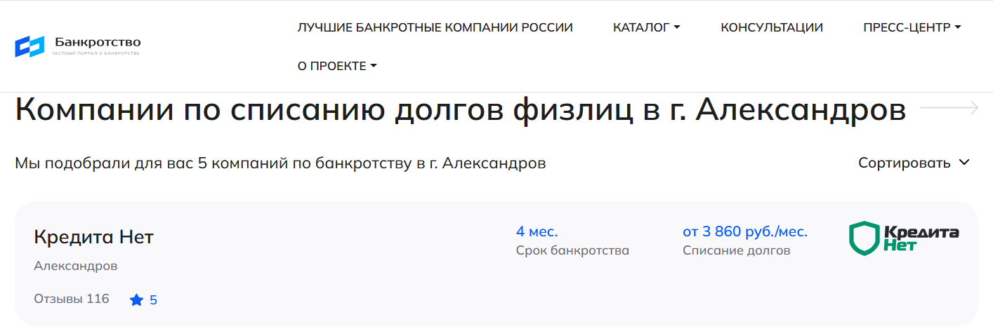 КредитаНет – первые в рейтинге компаний по банкротству в Александрове на сайте Банкротство Инфо